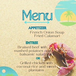 Szablon menu z daniami z owoców morza, gotowy do edycji i wydrukowania, 8,5 x 11 cali