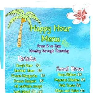 Tropikalne menu „Happy Hour” do wydrukowania i dostosowania do restauracji, barów Tiki, barów z sokami, imprez, przyjęć i małych firm 5,5 x 10 cali