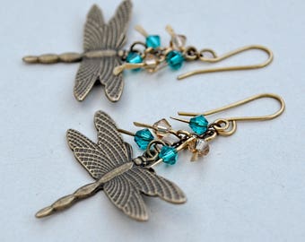 Summer Pond, Earrings of Antiqued Brass and Swarovski Crystals
