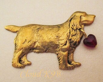 Cocker Spaniel Brooch Pin. Personalized Jewelry. My Cocker SPANIEL LOVES ME. Pin with Red Glass Heart Bead (Engish Cocker Spaniel)