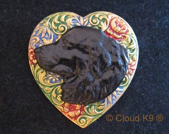 Newfoundland Dog Jewelry. Brooch Pin. Black Newfoundland on Colorful Handpainted Heart. Wearable Art Gift for Her. I Love/ Heart Newfie