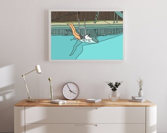 Swimming Pool Downloadable Art Illustration, You receive files for 4x6, 5x7, 8x10 and 11x14 sizes, Printable Art