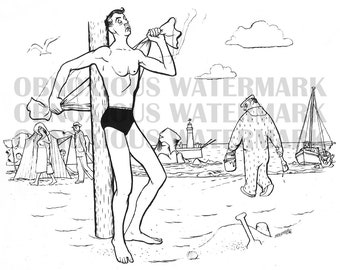 Monsieur Hulot's Holiday, Les Vacances de Monsieur Hulot, Jacques Tati Mr. Hulot Beach Hunk Fine Art Print - 8x10 or 16x20 inches