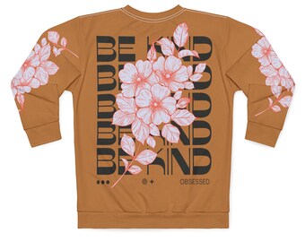 Minimalist Brown Sweatshirt with Flower Design, Botanical Print Top, Floral Pullover