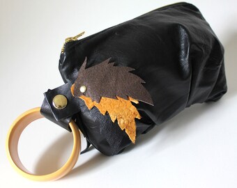 Black Upcycled Leather Bracelet Wristlet One of a Kind Handbag - Black Chocolate Brown and Mustard Yellow