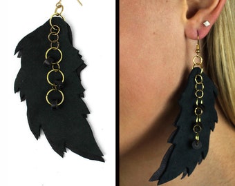 Black Leather Feather Bead and Brass Chain Earrings
