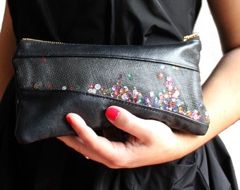 Black Leather Denim Rainbow Sequin Clutch /Denim Leather Zippered Bag / Upcycled Leather Denim Zippered Pouch / Colorful Party Clutch