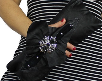 Silver Starburst Upcycled Black Leather Large Wrist Clutch / One of a Kind Handmade by Designer