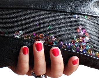 Black Leather Rainbow Sequin Clutch Purse / Leather Zippered Bag / Upcycled Leather Zippered Pouch / Colorful Party Clutch / Glam Purse