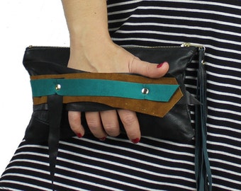 Black Teal & Chestnut Brown Repurposed Leather Wrist Clutch with Fringe Zipper Pull - sustainable design handmade by designer