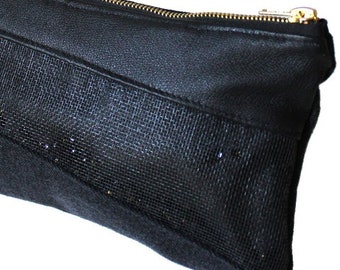 Black Sequin Leather & Denim Clutch / Glam Accessories Zippered Bag / Upcycled Handmade Statement Bag