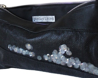 Black & White Sequin Leather Denim Clutch / Small Sequin Clutch / Denim Leather Zippered Bag / Upcycled Leather Denim Zippered Pouch