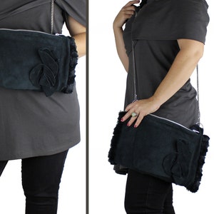 Black Suede & Faux Fur Winter Muff and Handbag with Silver Chain