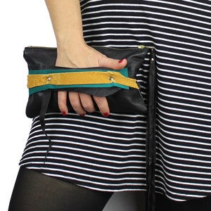 Black Teal & Mustard Jackie Wrist Clutch with Fringe Zipper Pull - sustainable design