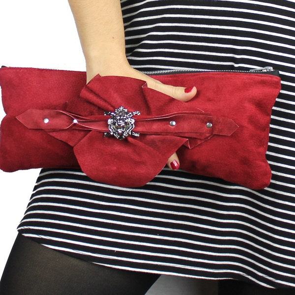 Red Leather Suede Fierce Silver Lion Head Ruffle Wrist Clutch