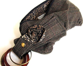 Brown Tweed & Cheetah Bracelet Wristlet One of a Kind Handbag / Mrs Sherlock Holmes Purse