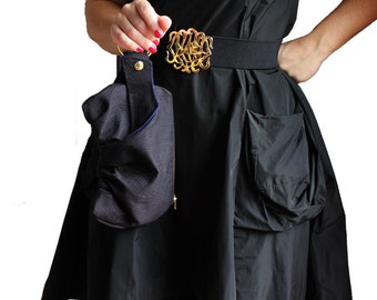 Black Bracelet Wristlet Handbag with Cobalt Blue Lining & 3 Gold Black Bangles / Upcycled Purse