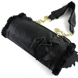 Cuero negro & Piel sintética Muff y bolso de invierno con correa de cadena de oro