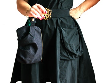 Black Bracelet Wristlet Handbag with Green Lining & Vintage Gold tone Bracelet