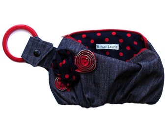 Dark Blue Upcycled Denim Bracelet Wristlet One of a Kind Purse with Navy and Red Polka Dot Lining