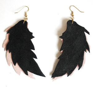 Pale Pink & Grey Leather Feather Earrings w Gold Tone Chain / Large Scale Light Weight Earrings / Pastel Pink Eco Recycled Leather Earrings image 5