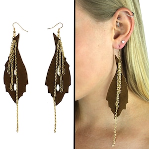 Chestnut Brown Leaf & Chain Earrings - sustainable design