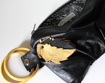 Black & Butter Yellow Re-purposed Leather Bracelet Handbag Wristlet