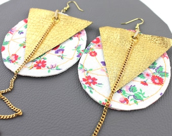 Quilted Floral & Gold Vinyl Shoulder Sweeping Earrings / Light Weight Earrings / Dangling Chain Earrings / Upcycled Jewelry Gift for Her