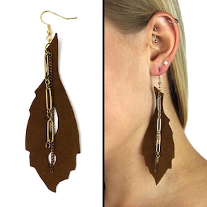 Chestnut Brown Leaf & Gold Chain Earrings