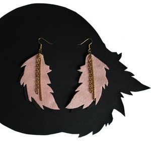 Pale Pink & Grey Leather Feather Earrings w Gold Tone Chain / Large Scale Light Weight Earrings / Pastel Pink Eco Recycled Leather Earrings image 1