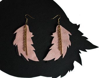 Pale Pink & Grey Leather Feather Earrings  w Gold Tone Chain / Large Scale Light Weight Earrings / Pastel Pink Eco Recycled Leather Earrings