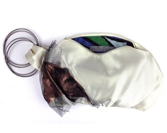 Alabaster Off White Satin with Copper & Black Tulle Evening Wristlet with Silver Bracelets Bracelet Purse