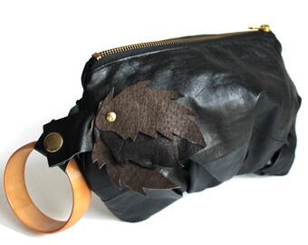 Re-purposed Leather Bracelet Handbag Wristlet - Black Chocolate Brown and Mustard