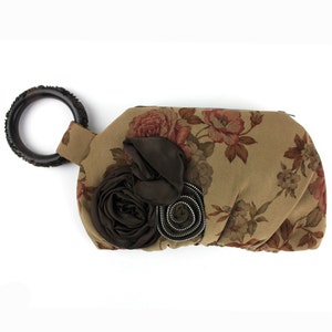 Brown and Dusty Rose Sweet Floral Bracelet Wristlet Purse with Carved Wood Bracelet / Botanical Purse / OOAK Flower Print Wristlet Clutch