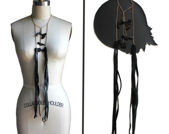 Black Leather Fringe Gold Long Chain Necklace / Leather Tassel Necklace / Whips & Chain Necklace / Edgy Rock N Roll Fetish Jewelry