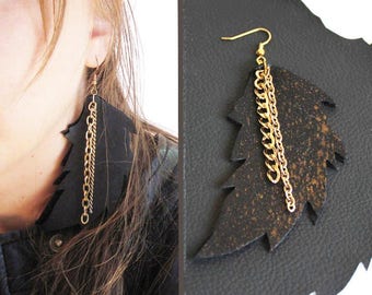 Gold Dusted Leather Feather Earrings - super light weight