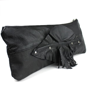 Black Leather Ruffle Fringe Wrist Clutch