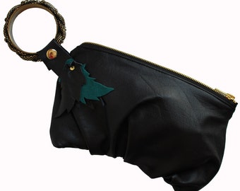 Black & Teal Upcycled Leather Bracelet Wristlet / One of a Kind Megan Leone Designer Made Handbag