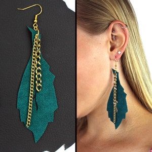 Suede Teal Leaf & Chain Earrings