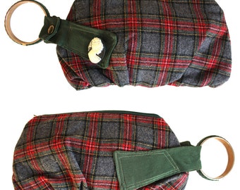 Plaid Wristlet Handbag - Red, Forest Green, Black & Gray Plaid with cameo