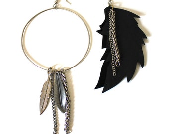 Hoop & Feather Asymmetrical Earrings with Silver Chain and Leather Feathers