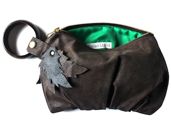 Brown Upcycled Leather Bracelet Handbag Wristlet with Emerald Green Lining