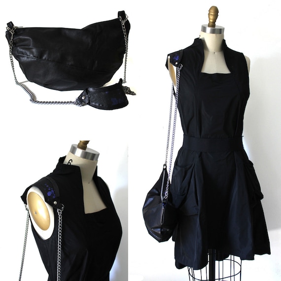 Blue Sequin & Black Leather Handbag with Cross-Body Strap Carryall / Bohemian Boho Shoulder Bag / Gold Chain Strap Purse / Zippered Handbag