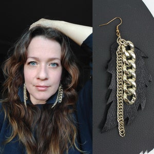 Black Leather Feather & Chunky Gold Chain Earrings / Sustainable Jewelry / Upcycled Leather / Handmade Earrings / Large Statement Earrings