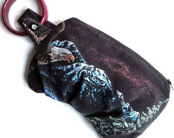 80s Eagle Tshirt Wristlet / One of a Kind Bracelet Handbag made from Repurposed Materials made by Designer / Mountains Nature Night Sky