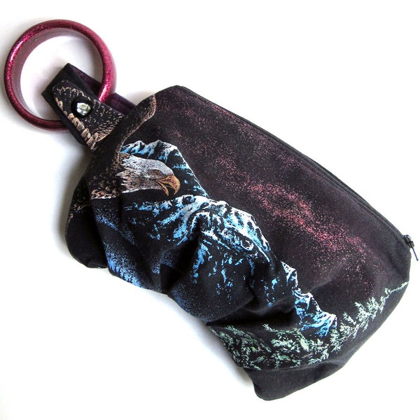 80s Eagle Tshirt Wristlet / One of a Kind Bracelet Handbag made from Repurposed Materials made by Designer / Mountains Nature Night Sky