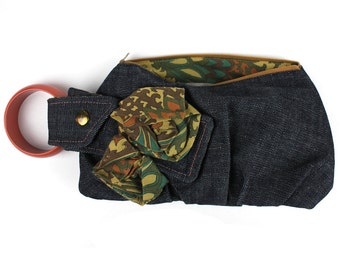 Dark Denim with Orange Salmon Bracelet Wristlet / One of a Kind made from repurposed materials Bracelet Handbag