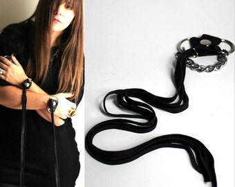 Black Leather Fringe & Chain Bracelet / Edgy Unique Cuff Bracelet / Biker Bracelet / Exotic Whip Tassels Accessory / Sexy Gift for Her