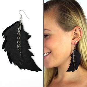 Black Leather & Silver Chain Leather Feather Earrings