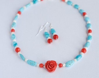 One Of A Kind Turquoise And Coral Rose Set